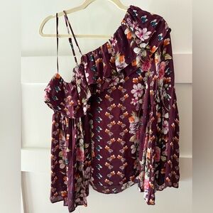 Parker Burgundy One-Shoulder Floral Ruffle Blouse